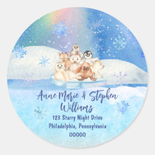 Icy Winter Holiday Arctic Animals Return Address Classic Round Sticker
