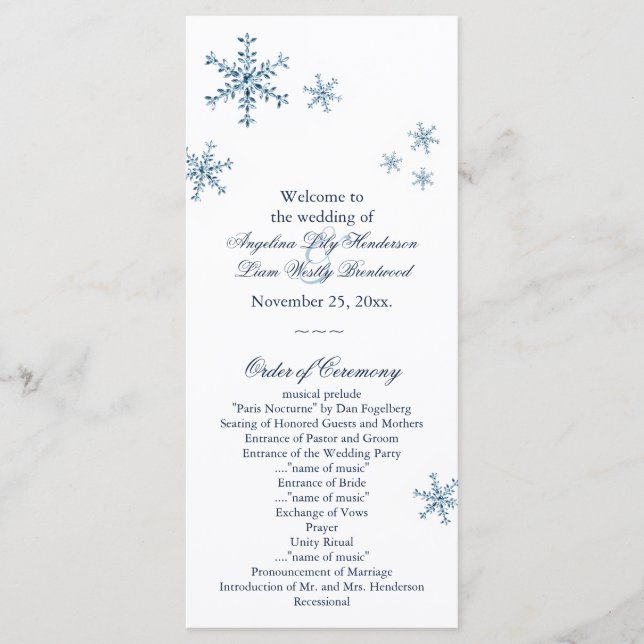 Icy Winter Snowflake Small Wedding Program (Front)