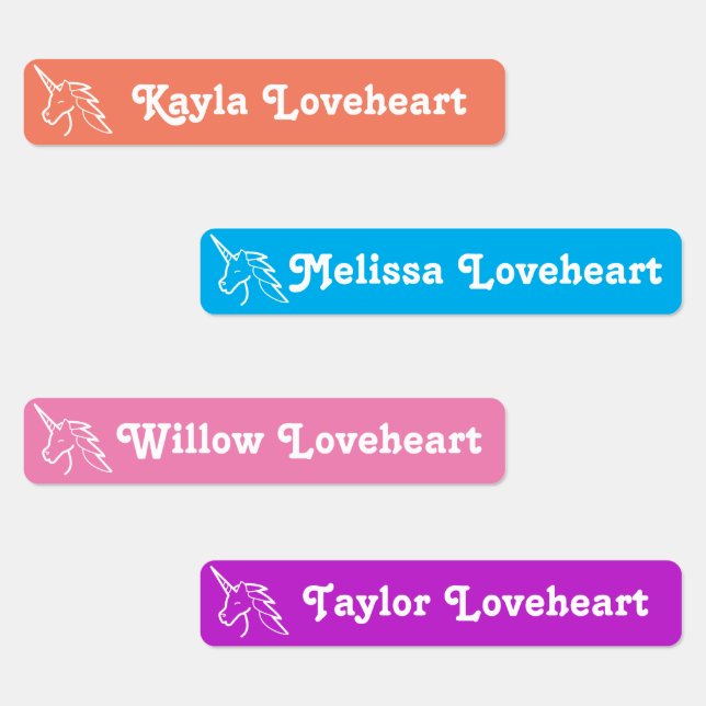 ID girls name unicorn pink blue purple orange Kids' Labels (Group)