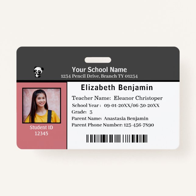 ID Identification Card Bar Code Student School Badge (Front)