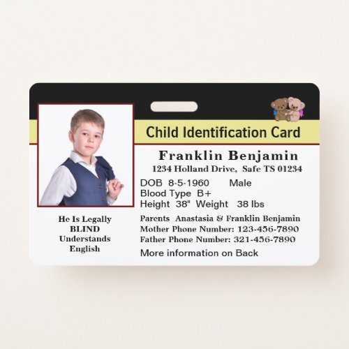 Id Identification Card Child Baby Photo Emergency  Badge