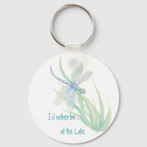 Id rather be at the Lake  Dragonfly in Blue Aqua Keychain