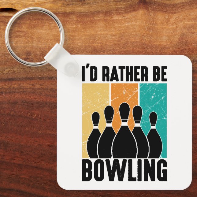 "I'd Rather Be Bowling" Retro Sunset Keychain (Front)