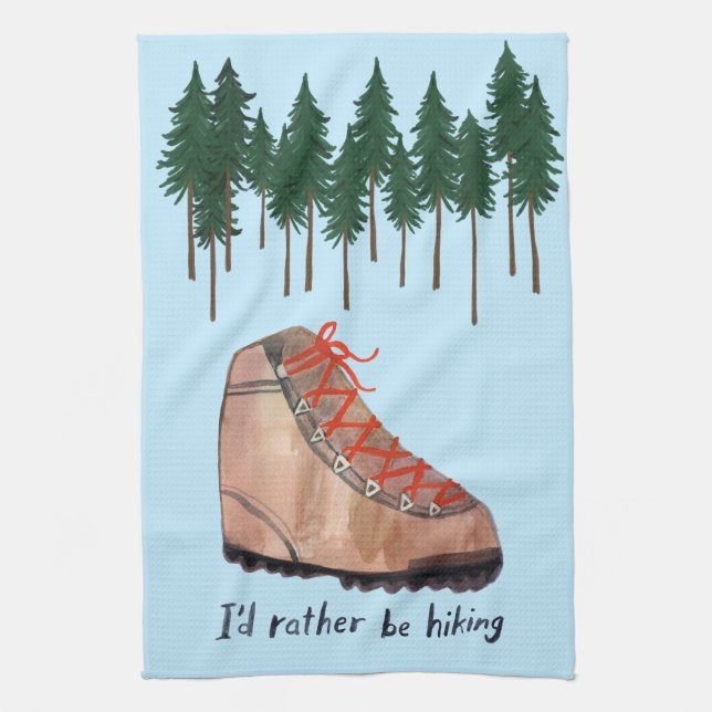 I'd Rather Be Hiking BLUE Trees Whimsical Kitchen Towel (Vertical)