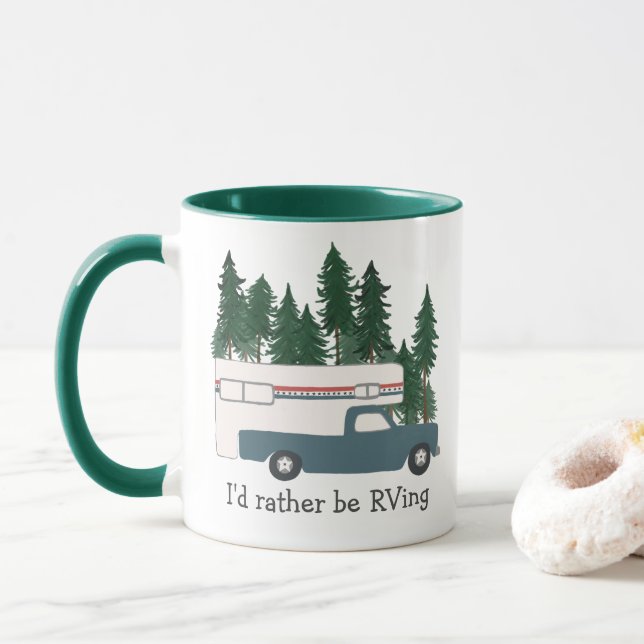 I'd rather be RVing Retro Truck Camper Tree CUSTOM Mug (With Donut)