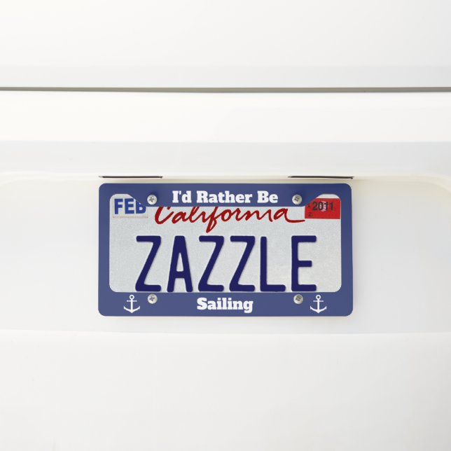 I'd Rather Be Sailing Dark Blue White Anchors Lice License Plate Frame (On Car)