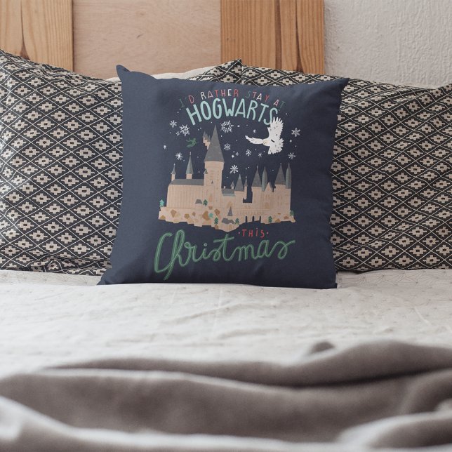 I'd Rather Stay At Hogwarts This Christmas Throw Pillow (Pillow on bed)