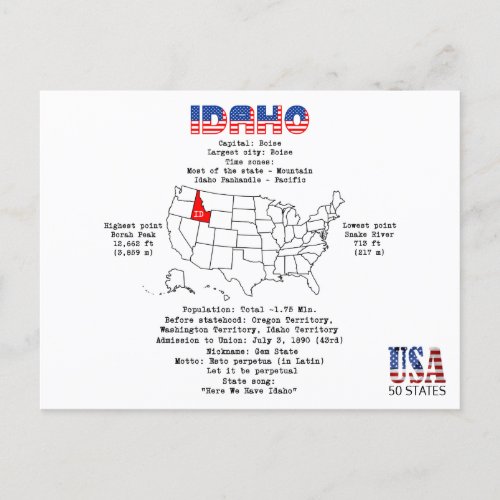Idaho American state on a map and useful info Holiday Postcard