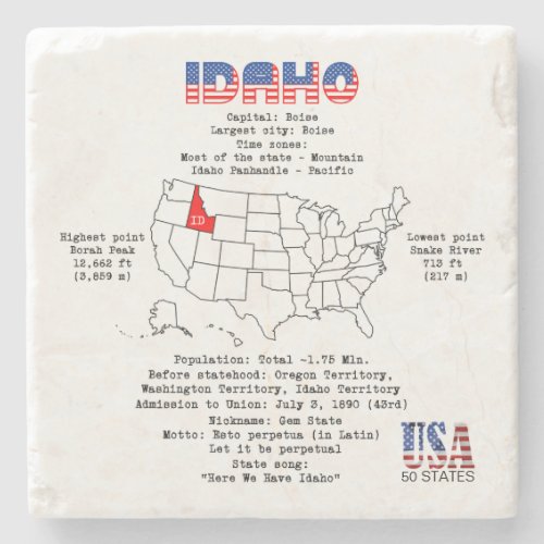 Idaho American state on a map and useful info Stone Coaster
