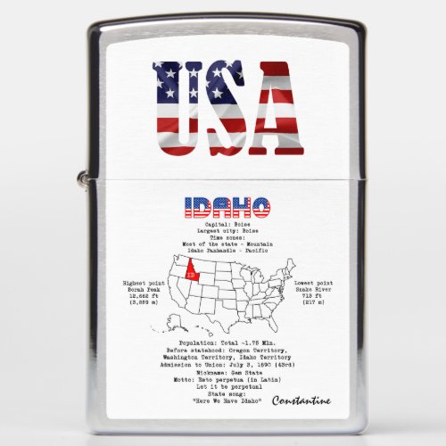 Idaho American state on a map and useful info Zippo Lighter