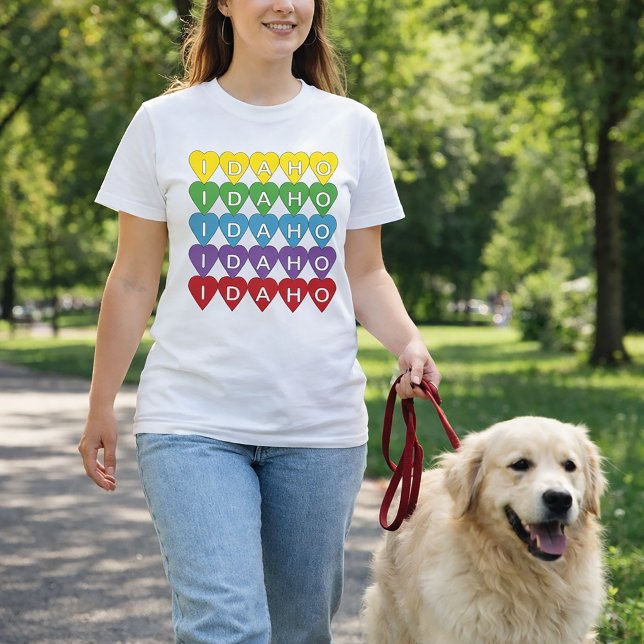 Idaho Colorful Hearts Pattern T-Shirt (A shirt that says Idaho in yellow, green, blue, purple and red hearts.)