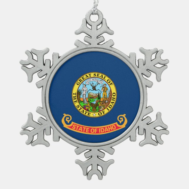 Idaho Flag: the Gem State, America Mountain West Snowflake Pewter Christmas Ornament (Front)