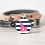 Idaho Heart Pet ID Tag<br><div class="desc">Let your furry friend show some home state pride with this cute Idaho ID tag. Design features a white silhouette map of the state of Idaho in pink with a white heart inside, on a preppy navy blue and white stripe background. Add your pet's name and contact information to the...</div>