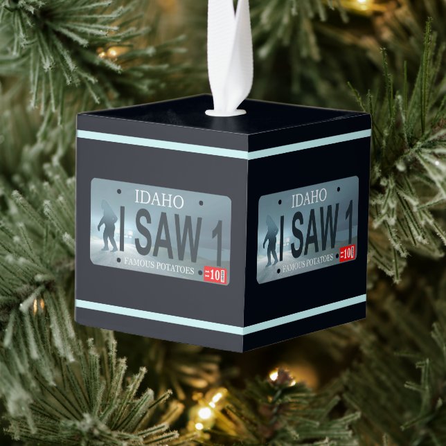 Idaho "I Saw 1" Sasquatch License Plate Cube Ornament (Tree)
