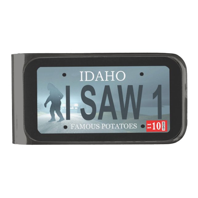Idaho "I Saw 1" Sasquatch License Plate Gunmetal Finish Money Clip (Front)