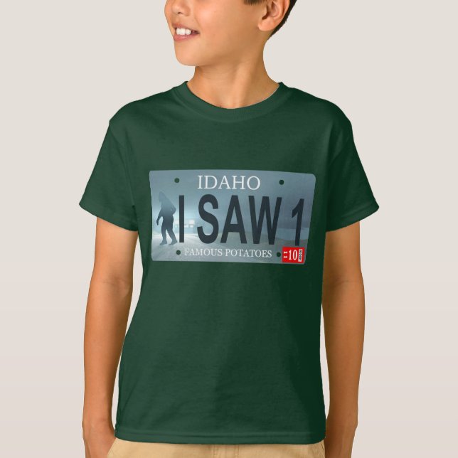Idaho "I Saw 1" Sasquatch License Plate T-Shirt (Front)