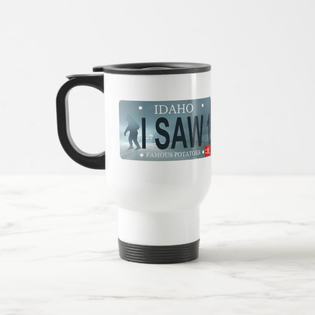 Idaho "I Saw 1" Sasquatch License Plate Travel Mug (Left)