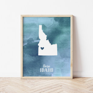 Idaho Map Blue Watercolor Personalized Art Print