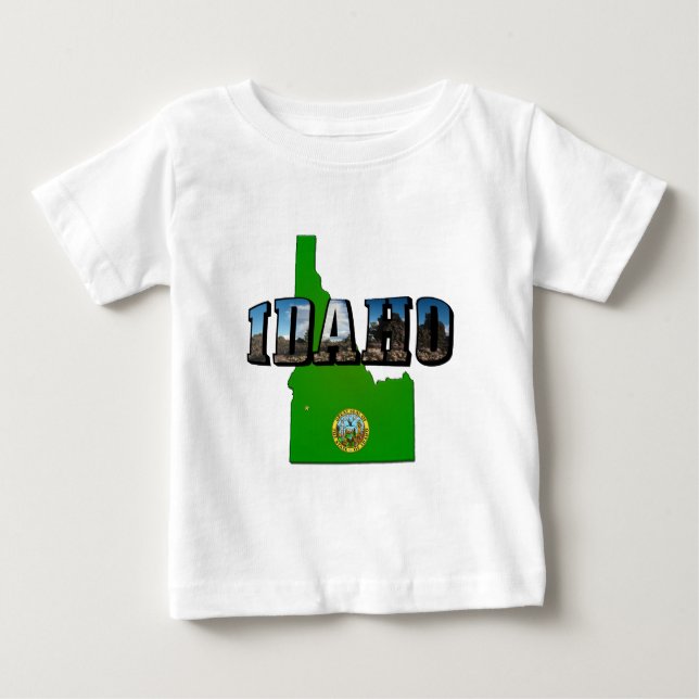 Idaho Map, Seal and Picture Text Baby T-Shirt (Front)