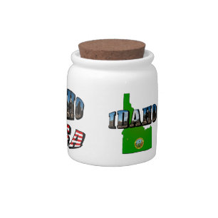 Idaho Map, Seal and Picture Text Candy Jar
