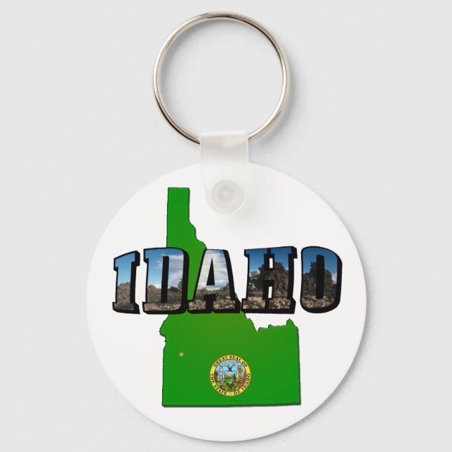 Idaho Map, Seal and Picture Text Keychain (Front)