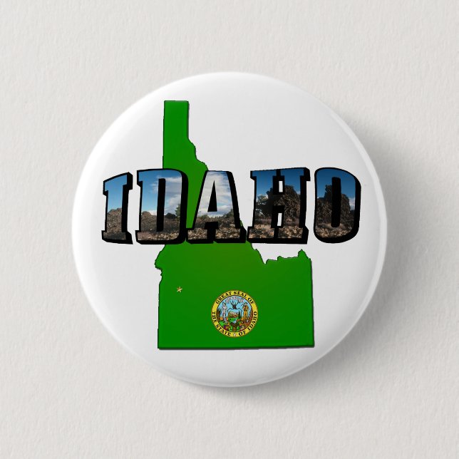 Idaho Map, Seal and Picture Text Pinback Button (Front)