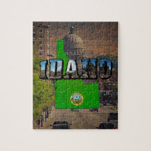 Idaho Map, Seal and Picture Text, State Capitol Jigsaw Puzzle