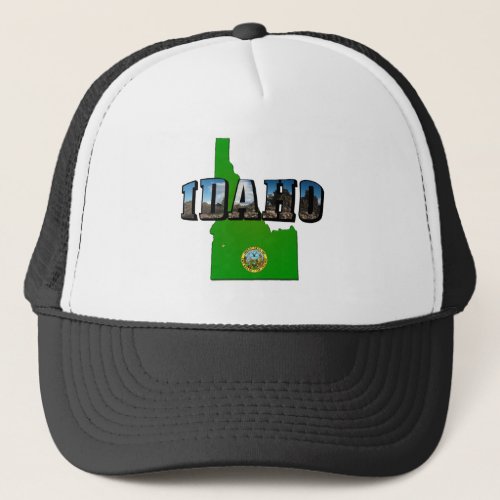 Idaho Map Seal and Picture Text Trucker Hat