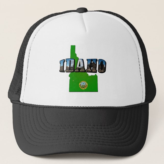 Idaho Map, Seal and Picture Text Trucker Hat (Front)