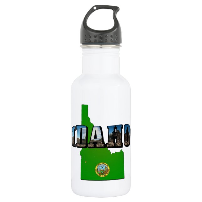 Idaho Map, Seal and Picture Text Water Bottle (Front)