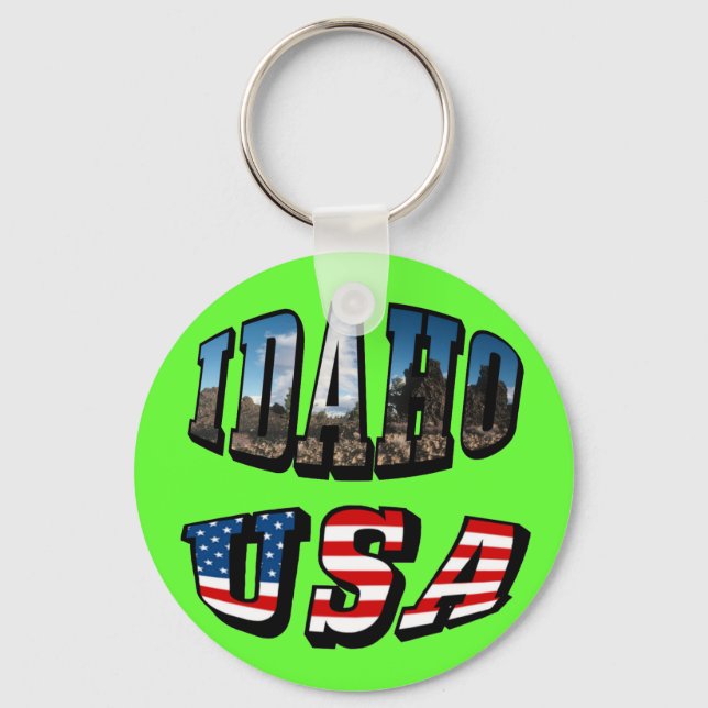 Idaho Picture State and Flag USA Text Keychain (Front)