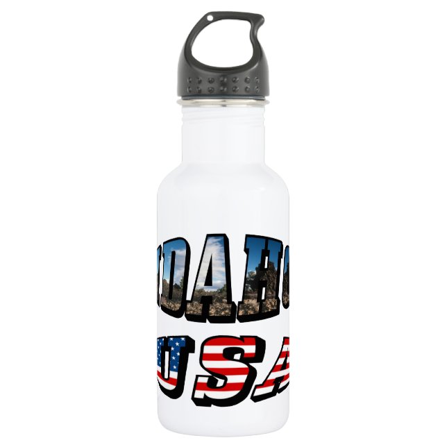 Idaho Picture State and Flag USA Text Water Bottle (Front)