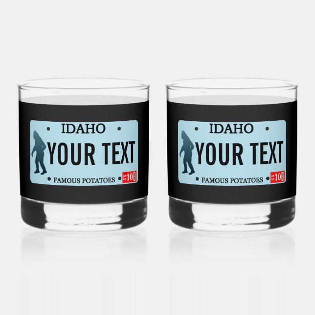 Idaho Sasquatch License Plate Whiskey Glass (Front)