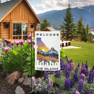 Idaho shape with mountain and wildflowers garden flag