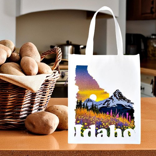 Idaho shape with mountain and wildflowers grocery bag
