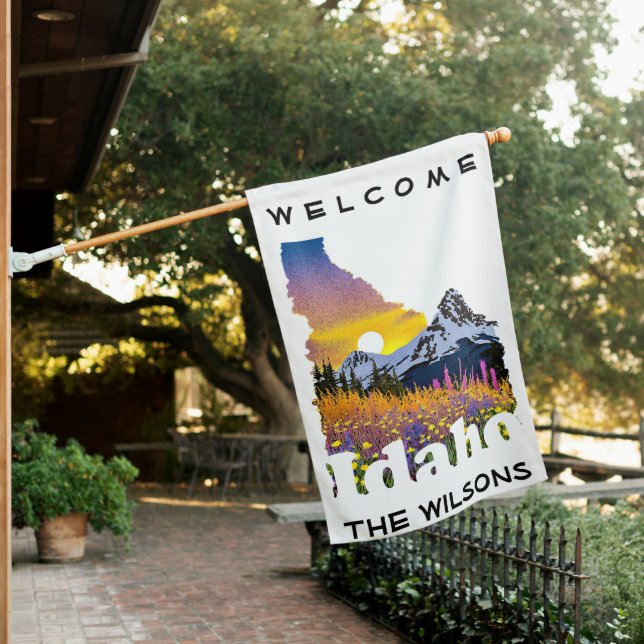 Idaho shape with mountain and wildflowers house flag (In SItu)