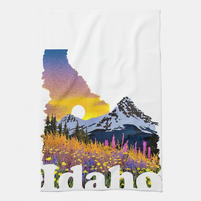 Idaho shape with mountain and wildflowers kitchen towel (Vertical)