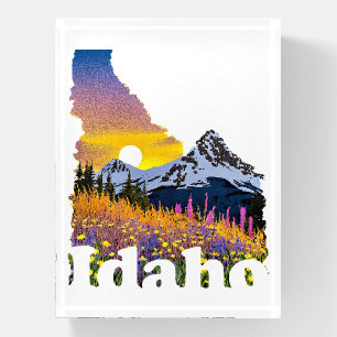 Idaho shape with mountain and wildflowers paperweight