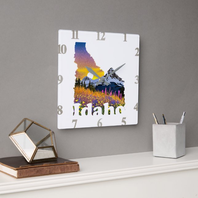 Idaho shape with mountain and wildflowers square wall clock (Office)