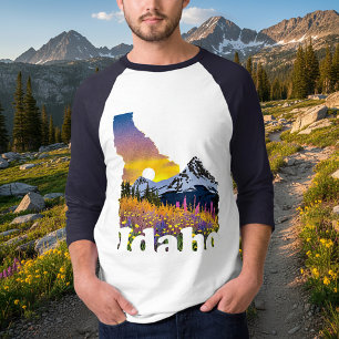Idaho shape with mountain and wildflowers T-Shirt