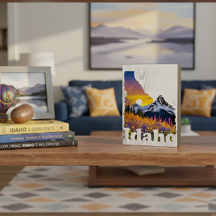 Idaho shape with mountain and wildflowers wooden box sign