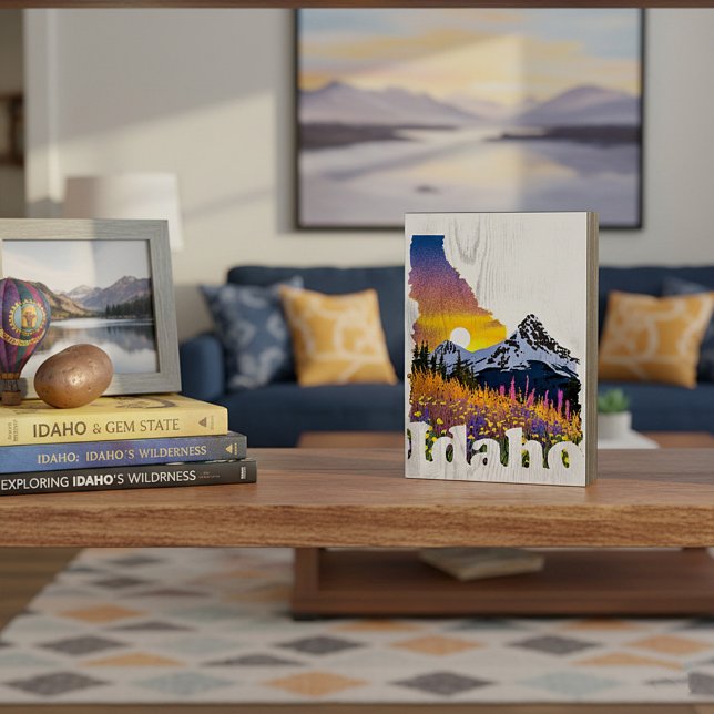 Idaho shape with mountain and wildflowers wooden box sign (Creator Uploaded)