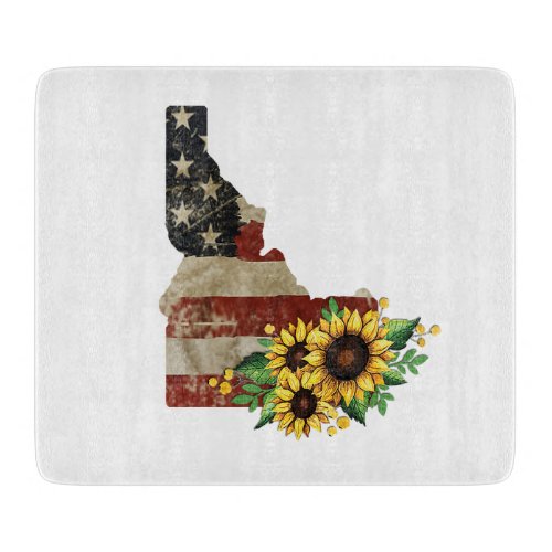 Idaho State Map US Flag Sunflower Glass Cutting Board