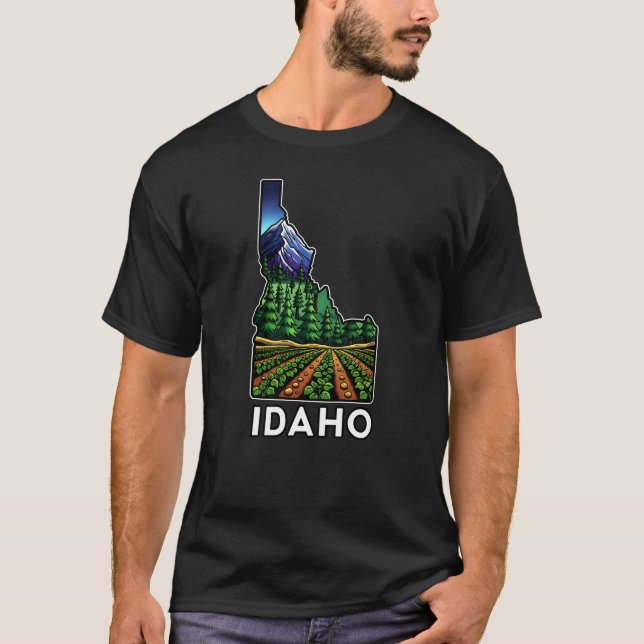Idaho State Outline Tattoo Style Potato Fields T-Shirt (Front)
