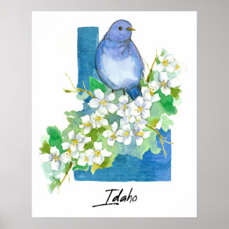 Idaho State Shape Mountain Bluebird Syringa Poster