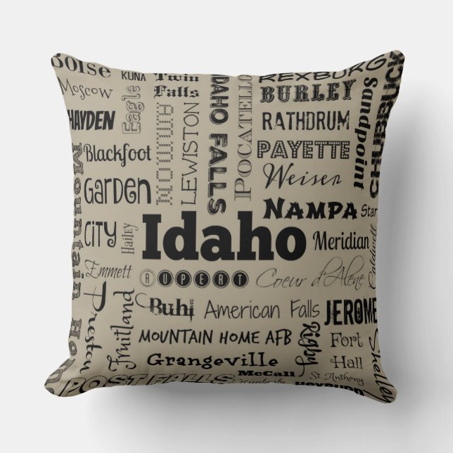Idaho typography throw pillow in taupe/gray (Front)