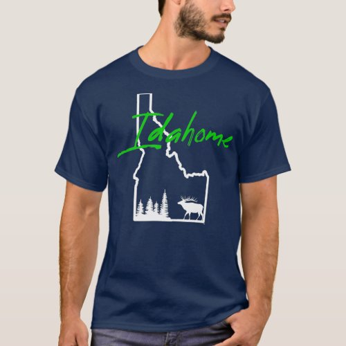 Idahome Tree Elk Silhouette Map Outline Cool T_Shirt