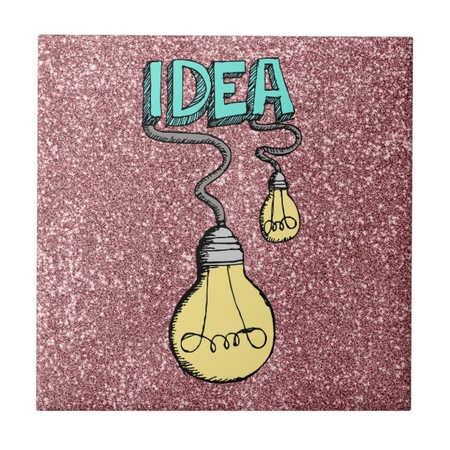 Idea - Retro Light Bulb Design on Pink Glitter Ceramic Tile (Front)