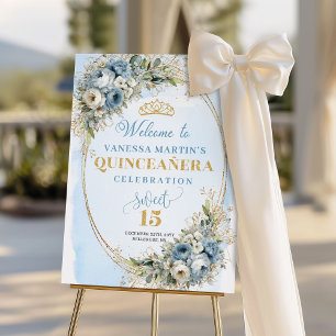 Ideal Quinceañera Welcome Poster Dusty Blue Gold