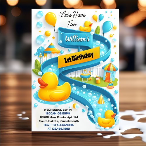 Ideal Splash Bubbles Summer Duck Foam 1st Birthday Invitation